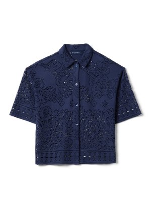 Navy blue short-sleeve crochet blouse with collar, button-down front, and floral lace patterns throughout.