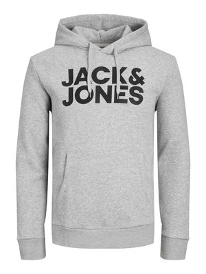 Grauer Kapuzenpullover aus Baumwollmix; verfügt über eine vordere Kängurutasche und ein großes schwarzes "JACK & JONES"-Logo auf der Brust.