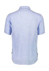 Lichtblauw linnen overhemd met korte mouwen, voorzien van een standaard kraag en een rechte onderrand, met een gestructureerde stofafwerking.