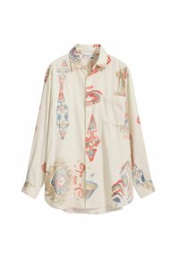 Camicia leggera, color crema, con bottoni, caratterizzata da vivaci motivi multicolori, una tasca sul petto e una vestibilità rilassata con maniche lunghe.