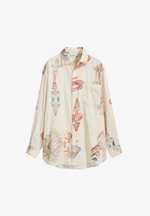 Lekka, kremowa koszula button-up z kolorowymi wzorami, kieszenią na piersi oraz luźnym krojem i długimi rękawami.