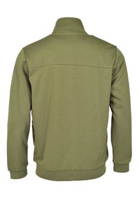 Zielona oliwkowa kurtka z zamkiem błyskawicznym i stójką, wykonana z fakturowanej tkaniny, z ściągaczami przy mankietach i prostym krojem z tyłu. Posiada subtelne detale w postaci przeszyć.