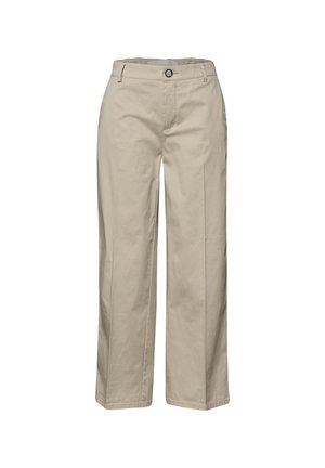 Pantaloni beige a gamba larga con chiusura anteriore con bottoni e zip, passanti per cintura e dettagli con pieghe frontali, mostrati su uno sfondo bianco semplice.