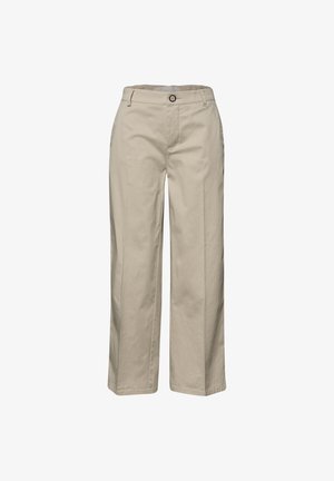 Pantaloni beige a gamba larga con chiusura anteriore con bottoni e zip, passanti per cintura e dettagli con pieghe frontali, mostrati su uno sfondo bianco semplice.
