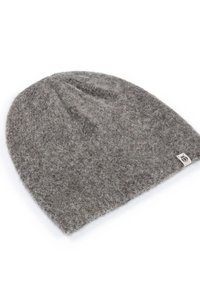 Gray wool beanie with a soft, textured finish. Features a small fabric tag with a logo. Suitable for cold weather.