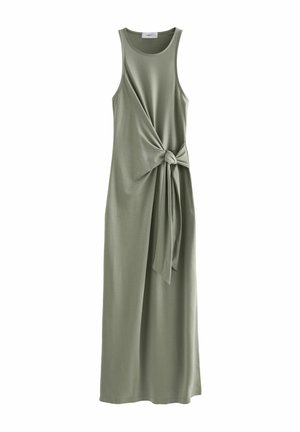 Sleeveless olive green maxi dress with round neckline and knotted fabric detail at waist, made of soft, lightweight material.