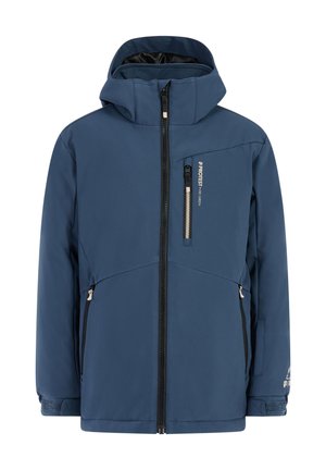 Marine buitenjas met een capuchon, een ritssluiting over de volle lengte, twee voorkruiszakken en een zak op de borst met rits. Heeft een gladde textuur en naaddetails.