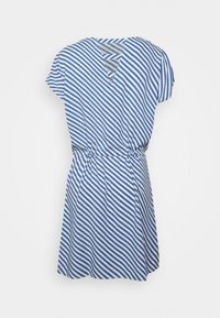 Vestido aos riscas azul e branco com cintura ajustada, mangas curtas e um decote em V nas costas. Tecido suave com um padrão diagonal.