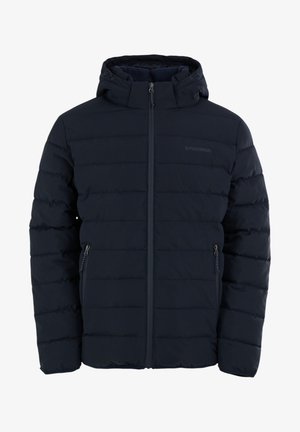 Czarna puchowa kurtka z zamkiem błyskawicznym z przodu, kapturem i dwoma bocznymi kieszeniami. Posiada pikowany wzór i gładką teksturę, odpowiednia na zimne warunki.