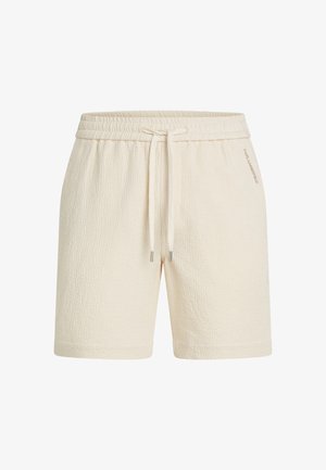 Šviesiai pilki šortai su tekstūruota paviršiumi, elastinga juosta ir raišteliu. Yra sidabriniai metaliniai antgaliai ant raištelio ir logotipo detalė.