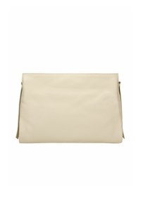 Borsa a pochette in pelle crema con una superficie liscia, design minimalista, forma rettangolare e chiusura con zip nella parte superiore.
