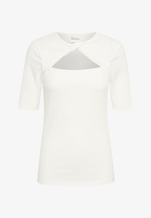 Haut blanc à rayures avec des manches courtes et un décolleté carré, présentant un design à l'avant croisé et un détail découpé. Texture lisse.