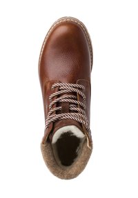 Bottines en cuir marron à lacets avec un dessus texturé, un bout rond et une doublure en feutre beige. Présente des lacets rayés et des coutures blanches contrastantes près de la semelle.