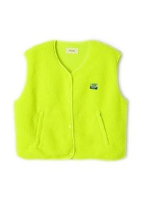 Neon yellow fleece vest with a textured surface, v-neckline, snap button closure, and two side pockets. Features a small branded label.