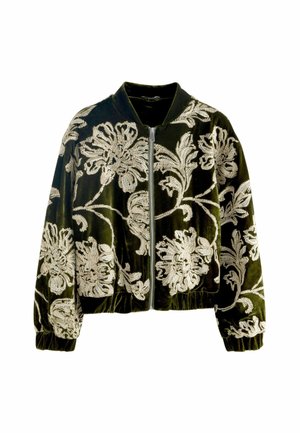 Green velvet bomber jacket with white floral embroidery, zip closure, ribbed cuffs, and waistband, featuring a soft, textured finish.
