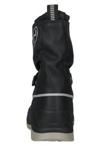 Czarne wodoodporne botki z teksturowaną powierzchnią, prostym kołnierzem i kontrastującymi szarymi akcentami. Posiadają uchwyt do zakładania i bezpieczne zapięcia.