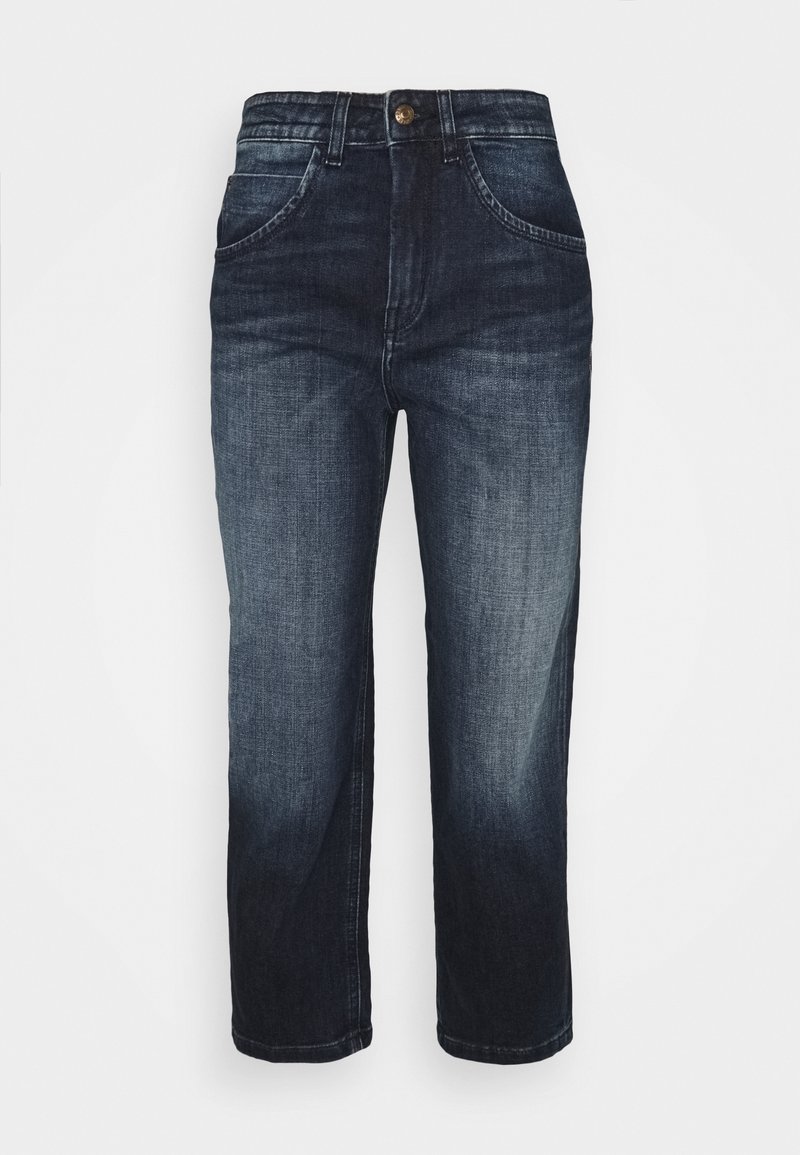 Jeans in denim blu scuro con vita alta, gambe a taglio dritto, cinque tasche e chiusura con bottone. Presentano una finitura leggermente sbiadita.