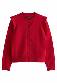 Cardigan rouge à manches longues avec boutons, détails froncés aux épaules et poignets et ourlet côtelés.
