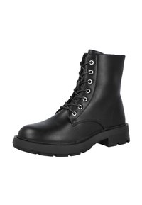 Botín de cuero negro hasta el tobillo con cordones en la parte delantera, ojetes plateados, puntera redondeada y suela de goma gruesa. Textura suave sin patrones visibles.