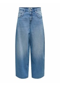 Jeans largi de un albastru deschis, fabricate din denim. Au talie înaltă, buzunare frontale și închidere cu buton. Țesătura are o textură netedă.