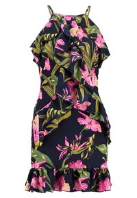 Šaty s květinovým potiskem a volánkovým designem, s růžovými květinami a zelenými listy na námořnickém pozadí. Ramínka na tenké špagety a volánkový lem.