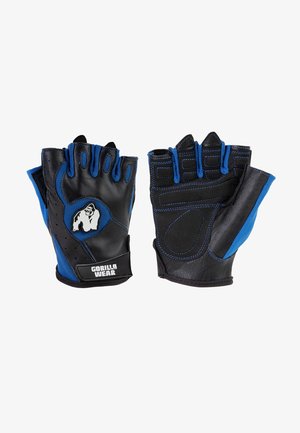 Black leather gloves with blue accents, half-finger design, padded palm, and logo patch. Features reinforced stitching and breathable fabric areas.