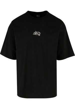 Sort bomulds t-shirt med løs pasform, der har et lille hvidt grafisk logo centreret på brystet og korte ærmer.