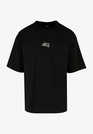 Musta puuvillainen t-paita mukavalla leikkauksella, jossa on pieni valkoinen graafinen logo keskellä rintaa ja lyhyet hihat.