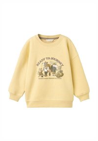 Geel kinder sweatshirt met cartoon dieren die wandelen en de tekst "Klaar om op avontuur te gaan" en "Avontuurlijke Vrienden in Alaska" aan de voorkant.