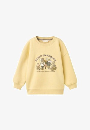 Gelbes Kinder-Sweatshirt mit cartoonhaften Tieren beim Wandern und dem Text "Bereit für die Reise" sowie "Abenteuerliche Freunde in Alaska" auf der Vorderseite.