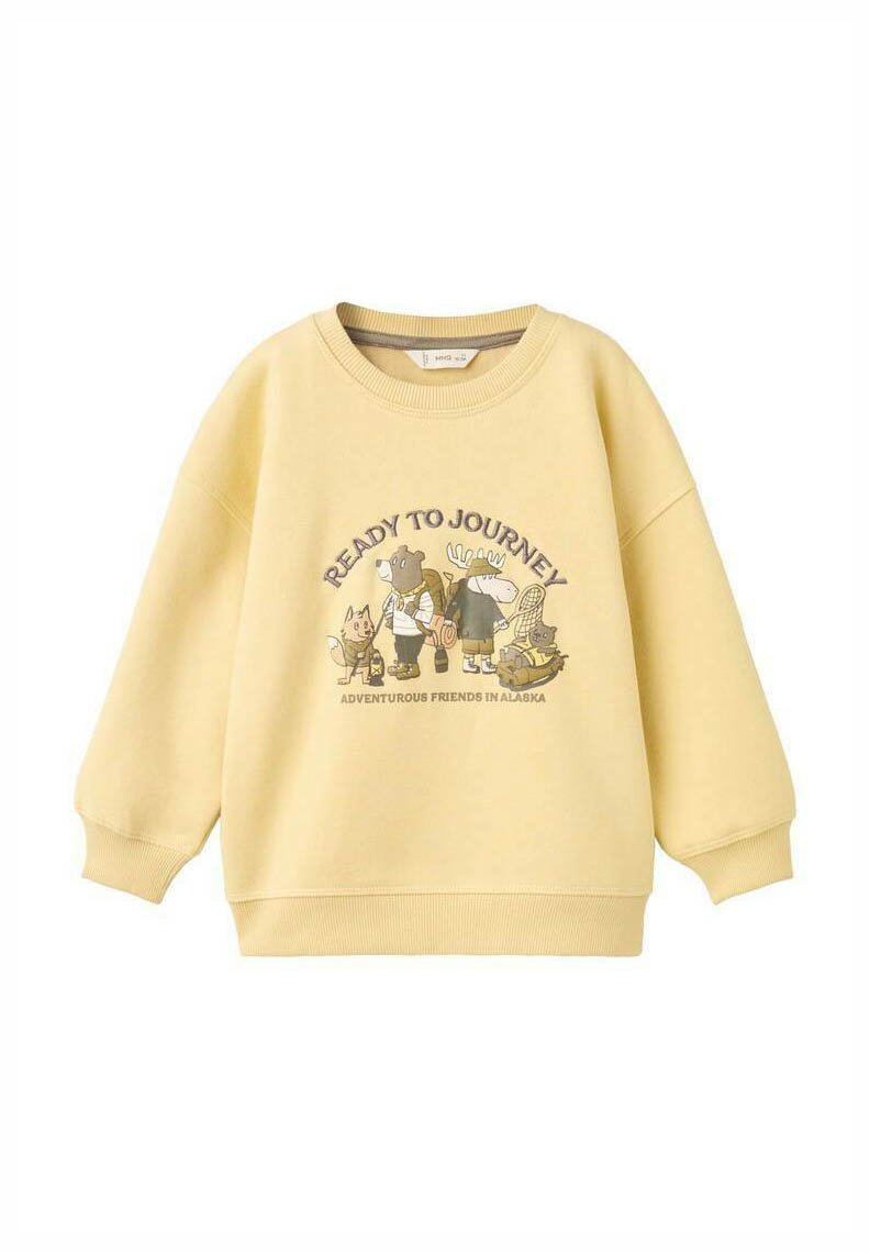 Geel kinder sweatshirt met cartoon dieren die wandelen en de tekst "Klaar om op avontuur te gaan" en "Avontuurlijke Vrienden in Alaska" aan de voorkant.
