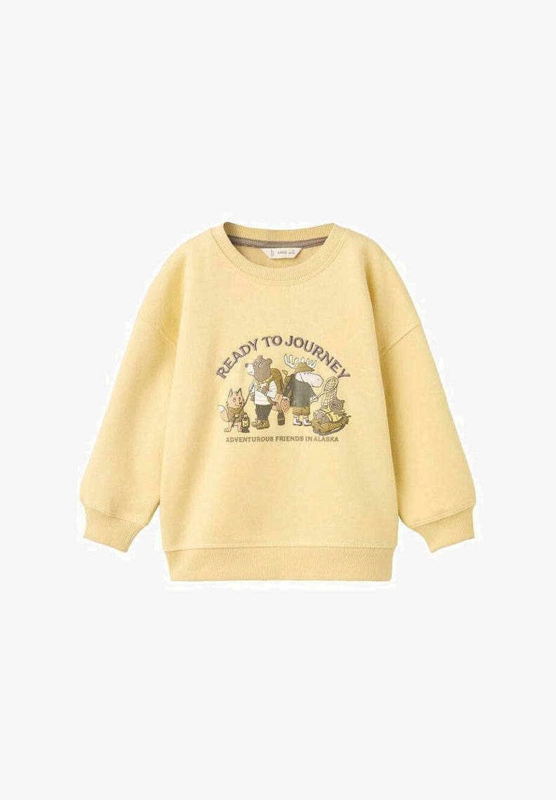 Felpa gialla per bambini con animali dei cartoni animati in escursione e il testo "Pronto per il Viaggio" e "Amici Avventurosi in Alaska" sul davanti.