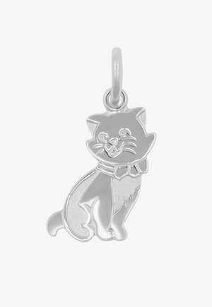 Silberner Katzenanhänger mit verspieltem Ausdruck, einer Fliege, glatter Textur und detaillierten Gesichtszügen.