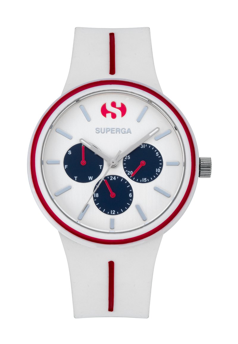 White silicone watch with red accents and a silver round dial. Features three dark blue sub-dials and silver hour markers. Logo displayed.