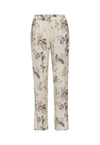 Floral-patterned trousers featuring a soft, cream fabric with various colored flowers. Elastic waistband and straight leg design.
