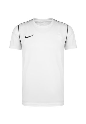 White athletic t-shirt with black accent stitching and a black Nike swoosh logo on the chest. Made from moisture-wicking fabric.