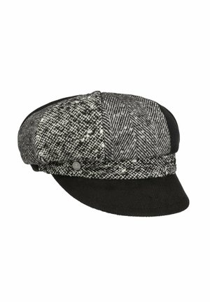 Black and gray patchwork newsboy cap with varied tweed patterns and a small metallic logo pin on the side.
