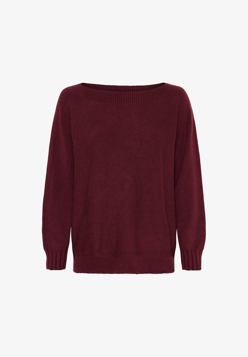 Burgundy striktrøje med bred bådudskæring, ribbede manchetter og afslappet pasform. Blød tekstur og jævnt fordelt glatte masker.