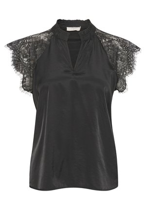 Juoda palaidinė su aukštu apykaklė, nėrinių trumpomis rankovėmis ir nedideliu priekyje įpjovimu. Audinys lygus su švelniu blizgesiu. Suplyšę nėrinių kraštai.