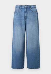 Szerokie jeansy denim w jasnoniebieskim kolorze z delikatnym efektem zużycia. Posiadają klasyczny pięciopunktowy design oraz metalowe zapięcie.