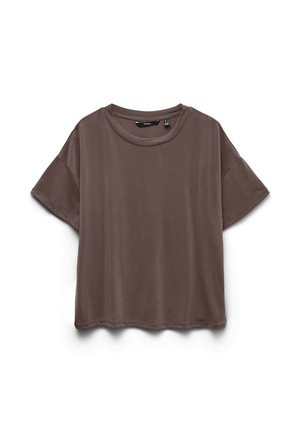 Smeđa prevelika majica kratkih rukava s okruglim izrezom, prikazana ravno na bijeloj pozadini.