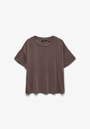 Καφέ υπερμεγέθη κοντομάνικη μπλούζα με στρογγυλή λαιμόκοψη, τοποθετημένη επίπεδα σε λευκό φόντο.