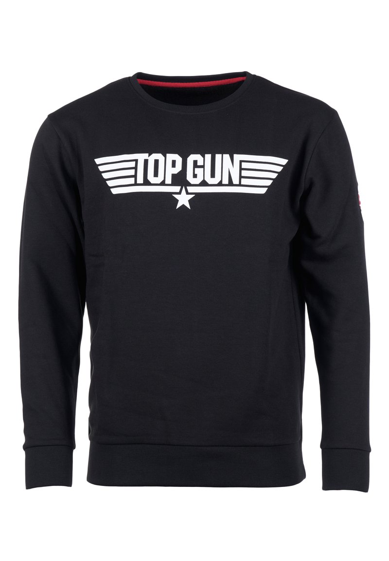 Zwarte sweatshirt gemaakt van katoen, met een wit "TOP GUN" logo met vleugels en een ster. Gebreide manchetten en onderkant, ronde halslijn.