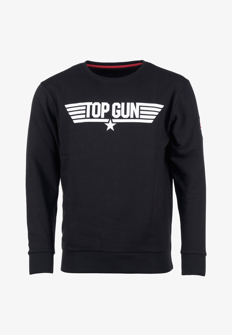 Zwarte sweatshirt gemaakt van katoen, met een wit "TOP GUN" logo met vleugels en een ster. Gebreide manchetten en onderkant, ronde halslijn.