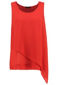 Blusa senza maniche rossa da donna con orlo asimmetrico a strati e scollatura rotonda.