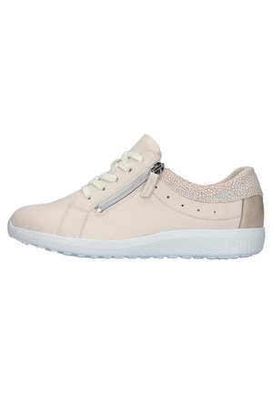 Beige sneakers med hvide snørebånd, lynlås i siden, tekstureret hæl og hvid sål, set fra venstre side på en ensfarvet baggrund.