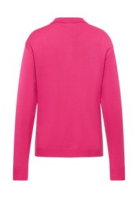 Fuchsiafarbener Poloshirt-Pullover mit langen Ärmeln, gerippten Bündchen und Saum; gestrickte Struktur; glatte Oberfläche mit klassischem Kragen.