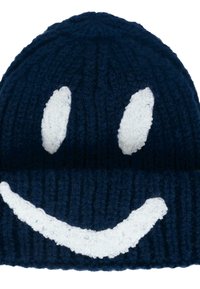 Berretto lavorato a maglia di colore blu navy con un grande motivo di faccina sorridente bianca. Tessuto spesso a costine, materiale morbido e design giocoso con cima arrotondata.