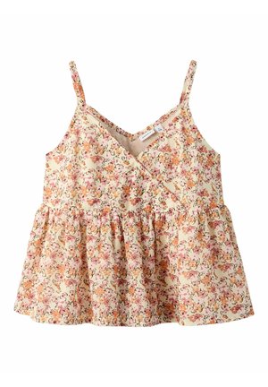 Top sin mangas con estampado floral estilo cruzado, con tirantes finos, cintura fruncida y patrón de flores rosa, naranja y beige sobre fondo claro.