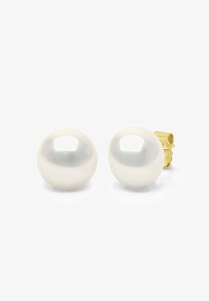Pearl stud earrings with a glossy white surface, oval shape, and gold-tone metal backing. Smooth texture, minimalistic design, no patterns.